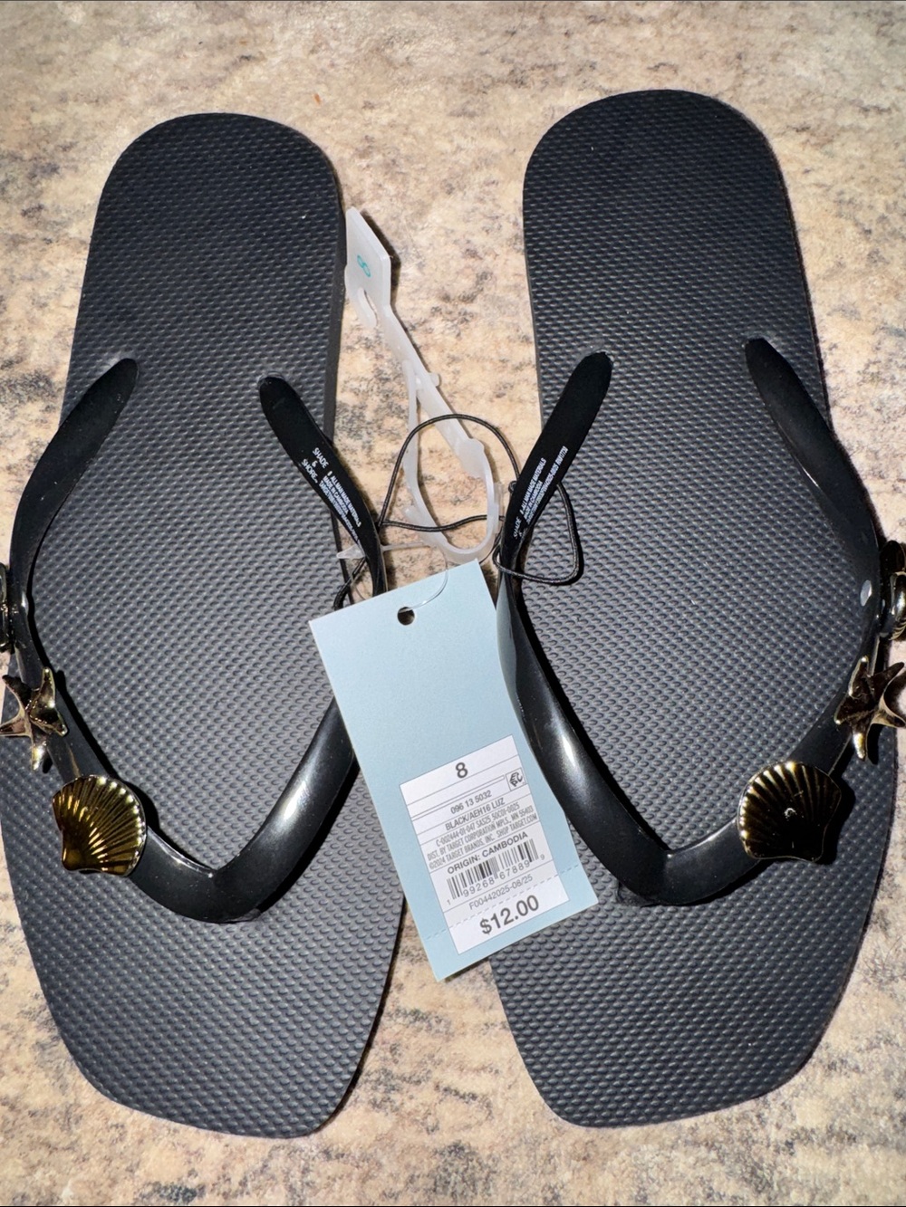 Shade & Shore Black Flip Flop Sandals with Gold Shell Charm